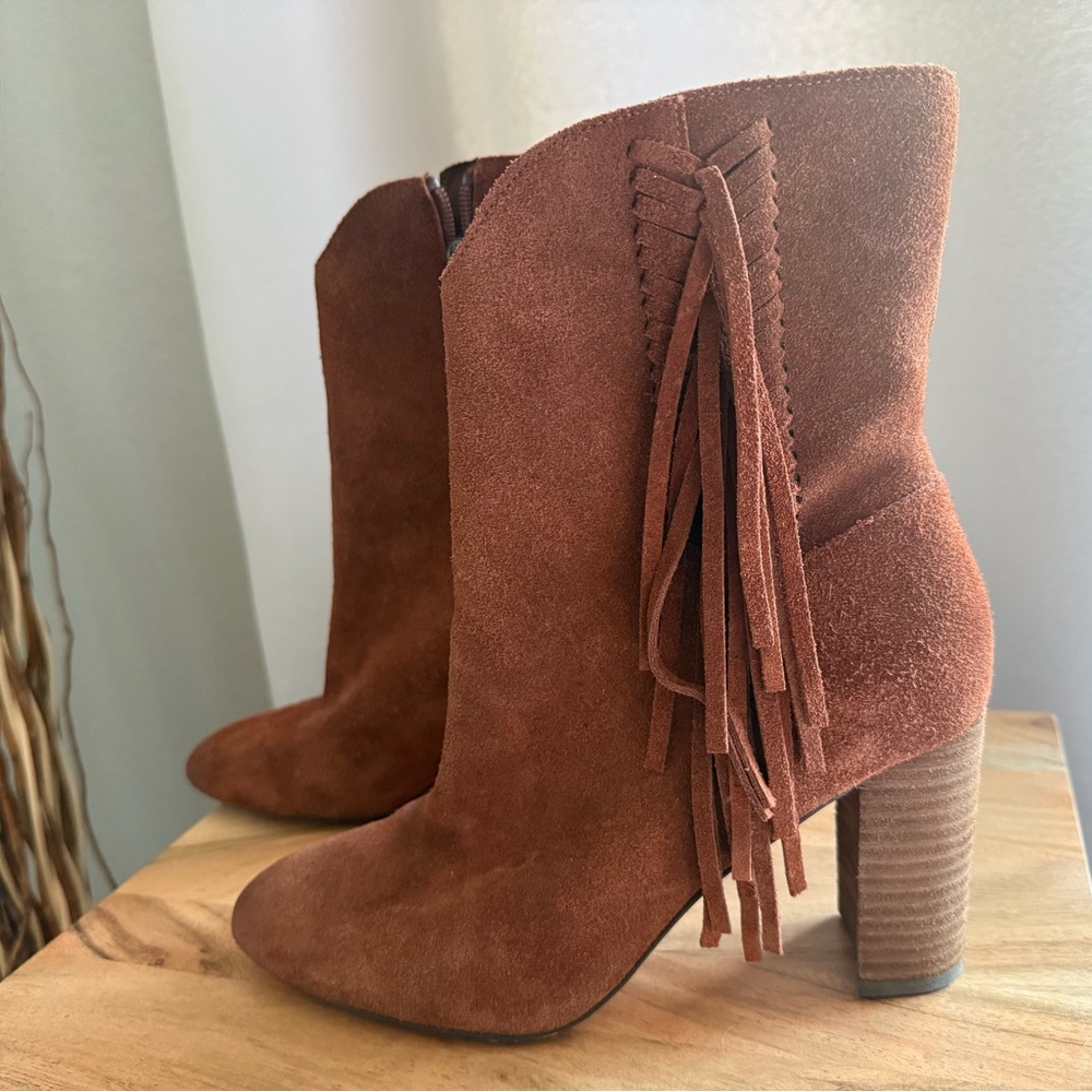 Charles by Charles David Boulder Suede Fringe Boot in Rust Brown